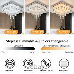 17.7inch Crystal Square Chandelier Dimmable LED Ceiling Light Living Room Remote