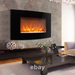35 Curved Glass Electric Fireplace Wall Mounted 1800W LED Flame Fire Heater