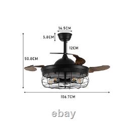 Industrial 42in LED Ceiling Fan Light Pendant Lamp Retractable Blade with Remote